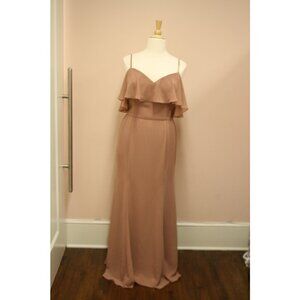 Long Chiffon Bridesmaid Dress. Desert Rose. Size 14. Ruffled cold shoulder.